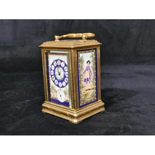 670 - A gilt metal and enamelled alarm bell strike carriage clock with chased swag and scroll decoration, ... 