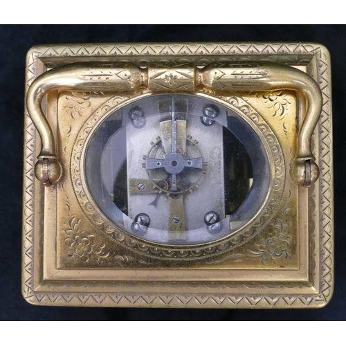 670 - A gilt metal and enamelled alarm bell strike carriage clock with chased swag and scroll decoration, ... 