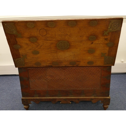 681 - A 19th Century Eastern Padouk hardwood rectangular shaped trunk with allover inlaid brass mounts and... 