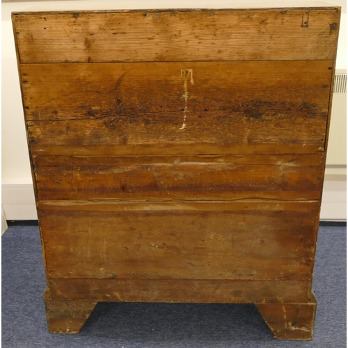 682 - An 18th Century small oak bureau with fall front, enclosing well, panelled door, secret compartments... 