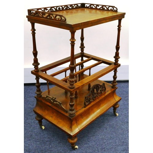 685 - A Victorian burr walnut Canterbury whatnot with pierced gallery, fluted turned supports, 1 long draw... 