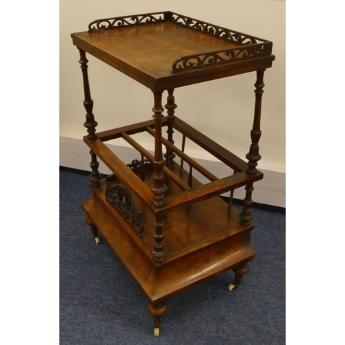 685 - A Victorian burr walnut Canterbury whatnot with pierced gallery, fluted turned supports, 1 long draw... 