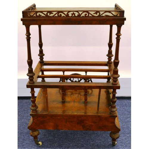 685 - A Victorian burr walnut Canterbury whatnot with pierced gallery, fluted turned supports, 1 long draw... 