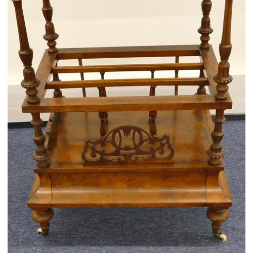 685 - A Victorian burr walnut Canterbury whatnot with pierced gallery, fluted turned supports, 1 long draw... 