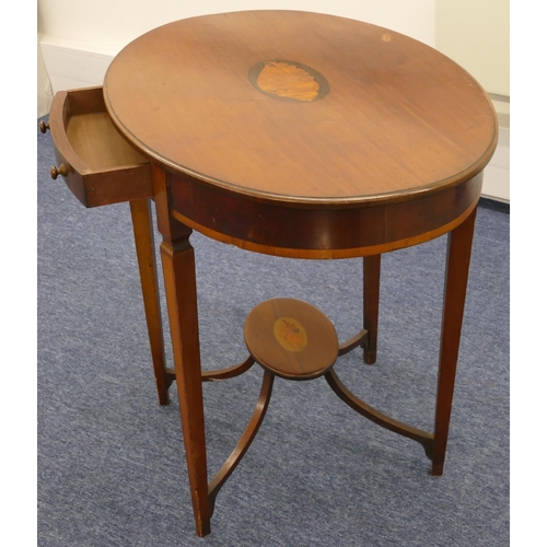 686 - A 19th Century mahogany oval occasional table with inlaid shell motif, single drawer on square taper... 