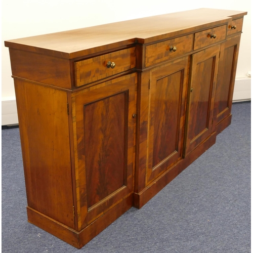 687 - A 19th Century mahogany low breakfront bookcase with allover inlaid banding, 4 drawers above 4 panel... 