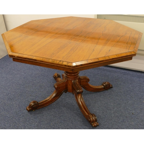 688 - A 19th Century rosewood and mahogany octagonal shaped tilt top breakfast table on turned stem with 4... 