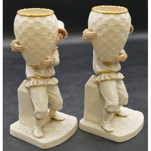 69 - A pair of 19th Century Worcester vases in the form of boys holding wicker baskets on white ground wi... 