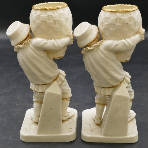 69 - A pair of 19th Century Worcester vases in the form of boys holding wicker baskets on white ground wi... 