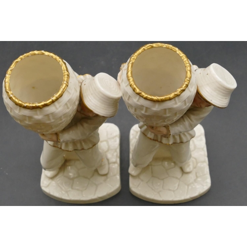 69 - A pair of 19th Century Worcester vases in the form of boys holding wicker baskets on white ground wi... 