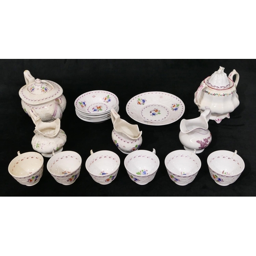 72 - A 19th Century china tea service on white ground with puce, multicoloured floral, leaf and raised de... 