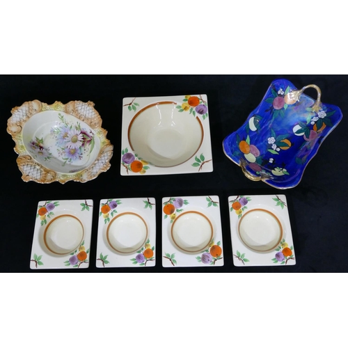 74 - A Royal Staffordshire Clarice Cliff style square fruit bowl and 4 matching smaller bowls with multic... 