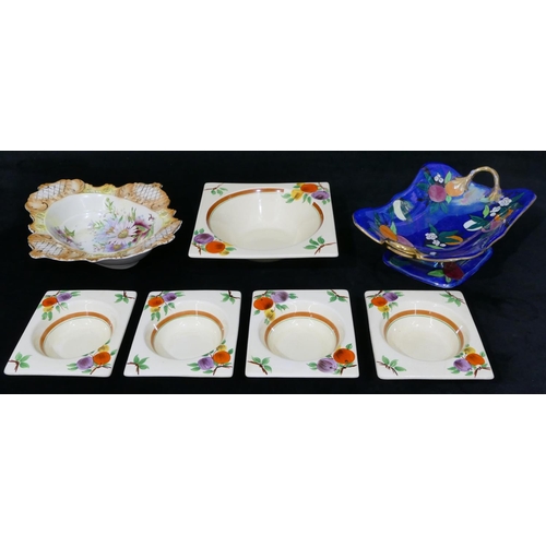 74 - A Royal Staffordshire Clarice Cliff style square fruit bowl and 4 matching smaller bowls with multic... 