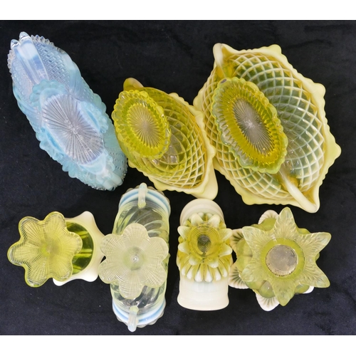 75 - 5 primrose Pearline glass bowls and jugs, a similar posy basket and a blue Pearline posy vase (7)