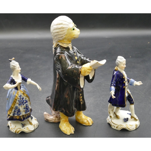 86 - A pair of small Continental figures of a gentleman and lady dancing, on white and blue ground with g... 