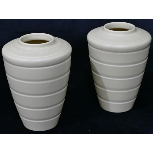 88 - A pair of Art Deco Keith Murray for Wedgwood yellow round tapering vases, Model 3805, circa. 1930, 1... 