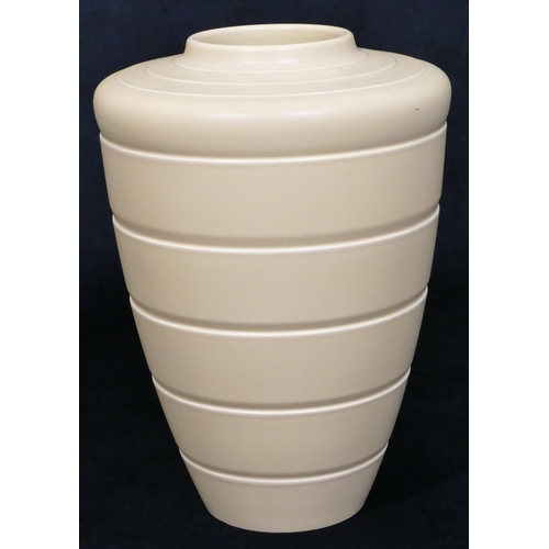 89 - An Art Deco Keith Murray for Wedgwood yellow round tapering vase, Model 3805, circa. 1930, 29cm high