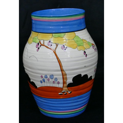 91 - A Clarice Cliff Bizarre Tulips Lotus round bulbous ringed vase on cream and blue ground with multico... 