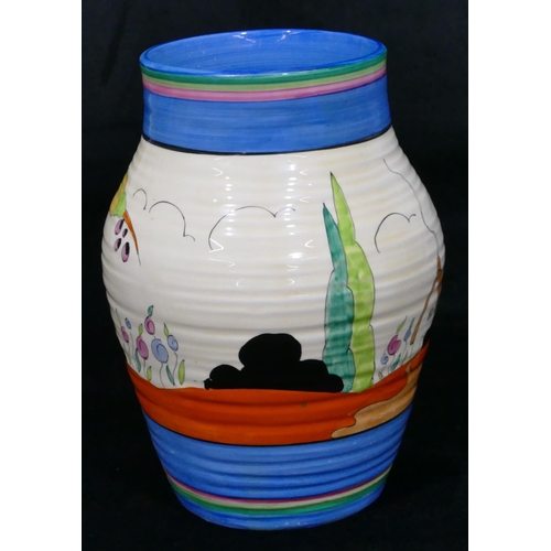 91 - A Clarice Cliff Bizarre Tulips Lotus round bulbous ringed vase on cream and blue ground with multico... 