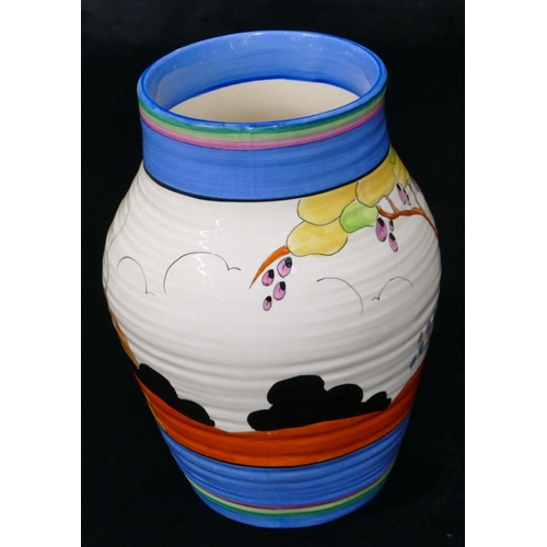 91 - A Clarice Cliff Bizarre Tulips Lotus round bulbous ringed vase on cream and blue ground with multico... 