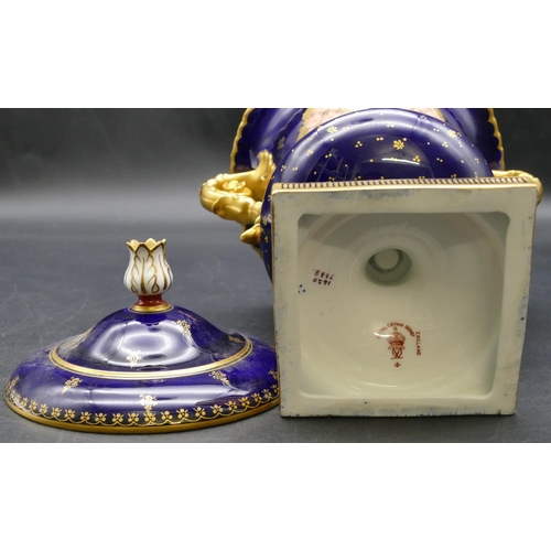 93 - An early 20th Century Royal Crown Derby round bulbous 2-handled urn shaped lidded pot on royal blue ... 