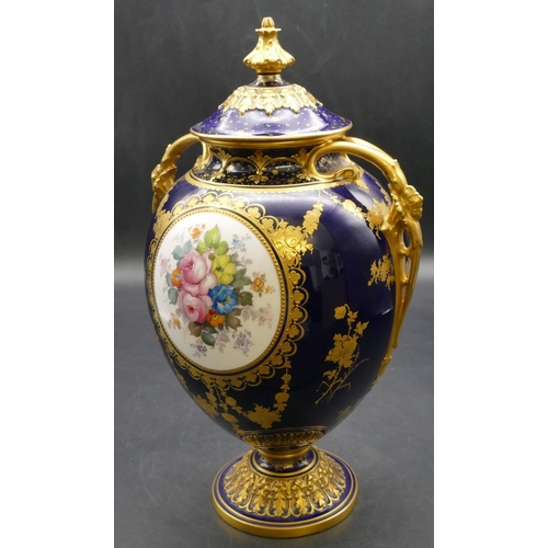 94 - A late Victorian Royal Crown Derby round bulbous thin necked 2-handled lidded vase by C Harris, with... 