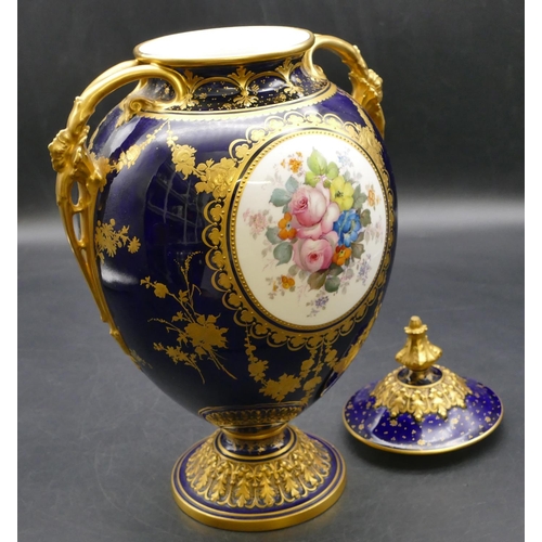 94 - A late Victorian Royal Crown Derby round bulbous thin necked 2-handled lidded vase by C Harris, with... 