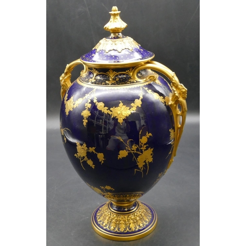 94 - A late Victorian Royal Crown Derby round bulbous thin necked 2-handled lidded vase by C Harris, with... 