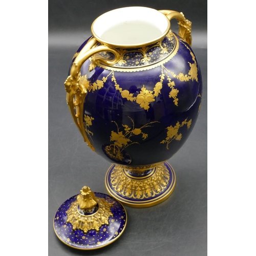 94 - A late Victorian Royal Crown Derby round bulbous thin necked 2-handled lidded vase by C Harris, with... 