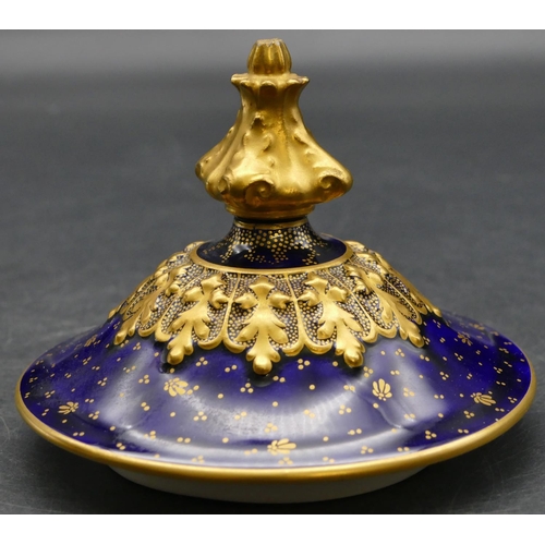 94 - A late Victorian Royal Crown Derby round bulbous thin necked 2-handled lidded vase by C Harris, with... 