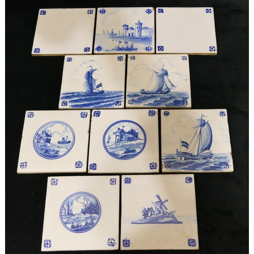 98 - 10 various blue and white Delft tiles, 13.5cm square