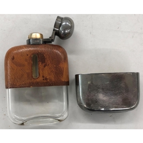 239 - A part leather and silver plated covered hip flask with hinged lid and detachable bottle, 12cm high