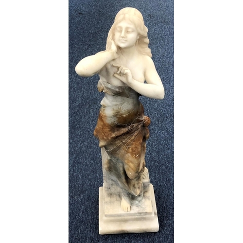 623 - A marble figure of a standing part naked lady on square base (unsigned), 60.5cm high