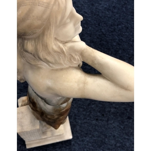 623 - A marble figure of a standing part naked lady on square base (unsigned), 60.5cm high