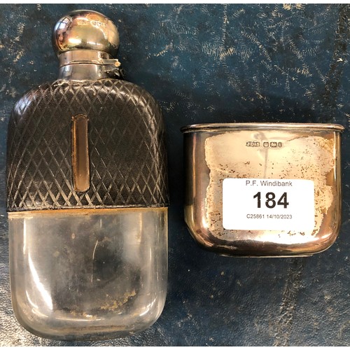 184 - A Sheffield silver and leather glass hip flask with screw lid and detachable silver base, 15cm high