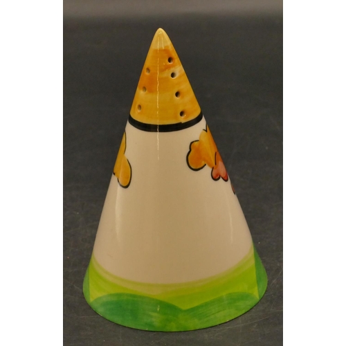 106 - A Past Times reproduction Clarice Cliff style conical shaped sugar caster on multicoloured ground wi... 