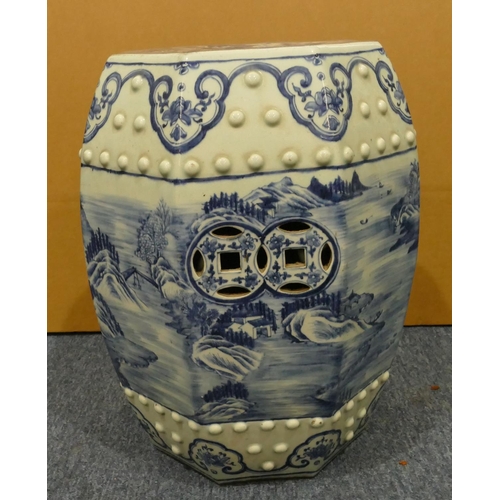 126 - A 19th Century Chinese blue and white octagonal bulbous shaped garden seat with raised studded motif... 