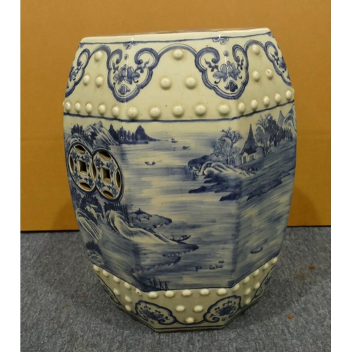 126 - A 19th Century Chinese blue and white octagonal bulbous shaped garden seat with raised studded motif... 