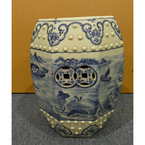 126 - A 19th Century Chinese blue and white octagonal bulbous shaped garden seat with raised studded motif... 