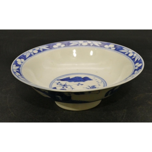 132 - A Chinese blue and white round trumpet shaped shallow bowl with figure, landscape and floral decorat... 