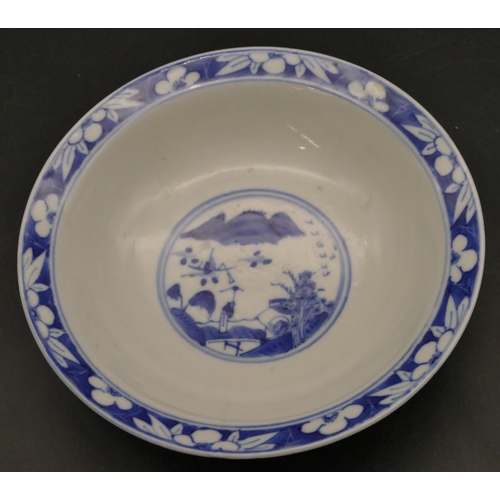 132 - A Chinese blue and white round trumpet shaped shallow bowl with figure, landscape and floral decorat... 