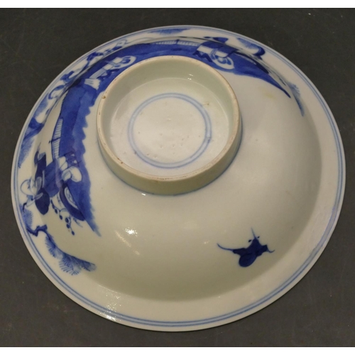 132 - A Chinese blue and white round trumpet shaped shallow bowl with figure, landscape and floral decorat... 