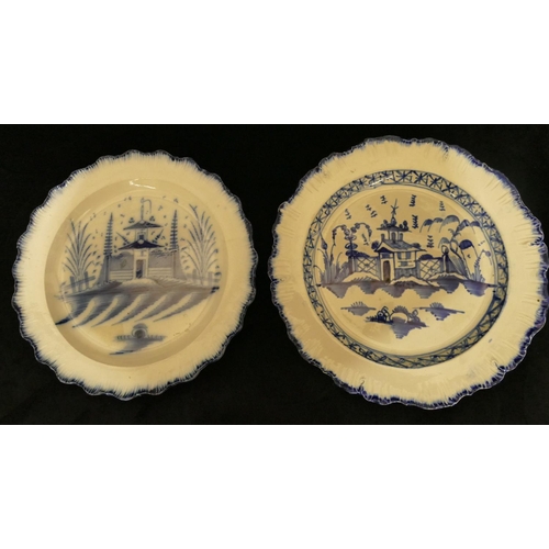 135 - A 19th Century Pearlware round scallop shaped blue and white plate with building and river landscape... 