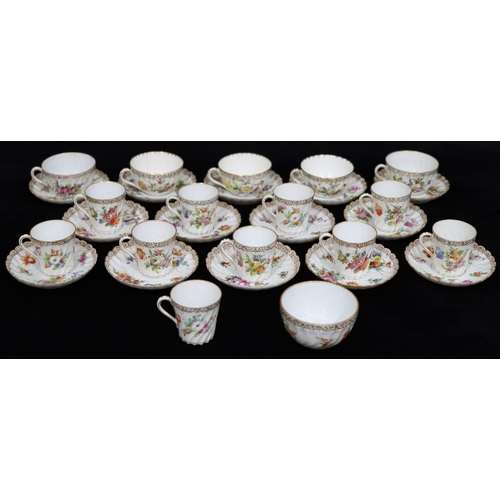 137 - A set of 10 Dresden coffee cups and saucers on white ground with multicoloured floral, leaf and gilt... 