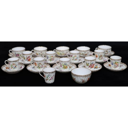 137 - A set of 10 Dresden coffee cups and saucers on white ground with multicoloured floral, leaf and gilt... 