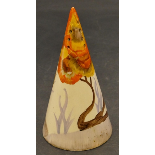 15 - A Clarice Cliff style conical shaped sugar caster on cream ground with coloured floral and branch de... 