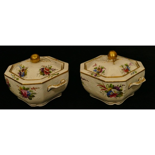 151 - A pair of 19th Century Spode square 2-handled lidded pots with chamfer corners on white ground with ... 