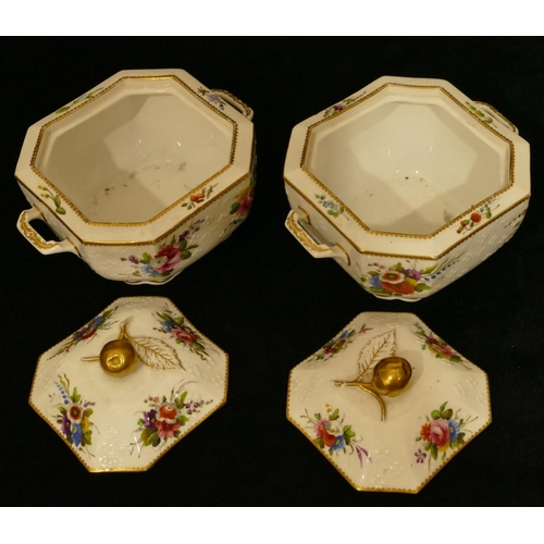 151 - A pair of 19th Century Spode square 2-handled lidded pots with chamfer corners on white ground with ... 