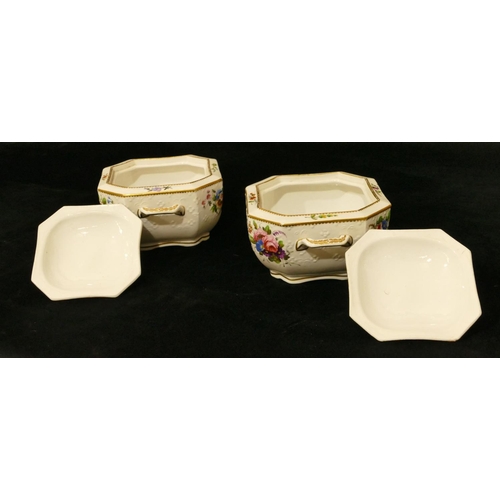 151 - A pair of 19th Century Spode square 2-handled lidded pots with chamfer corners on white ground with ... 