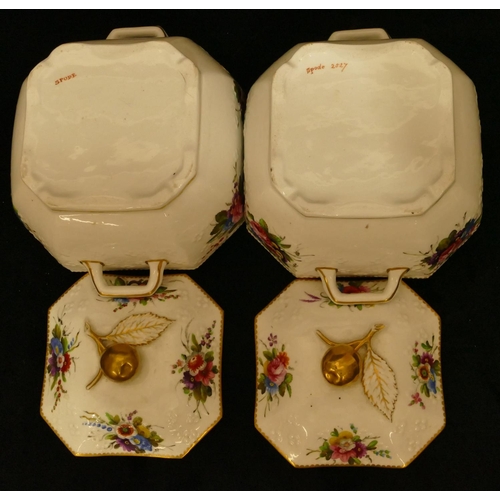 151 - A pair of 19th Century Spode square 2-handled lidded pots with chamfer corners on white ground with ... 